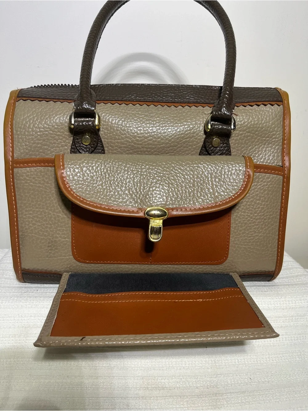 Taupe Satchel with Brown Handles and Tan Trim